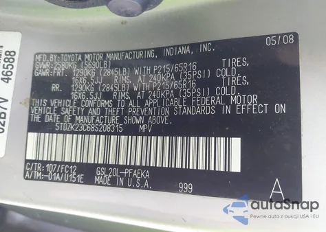 2008 Toyota Sienna Le из США, поврежденный, VIN 5TDZK23C68S208315